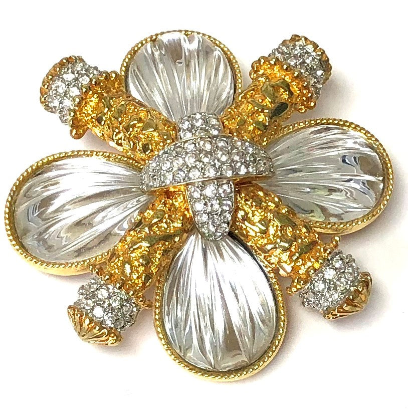 Gold Two Tone Crystals And Clear Ribbed Cabochons Cross Pin