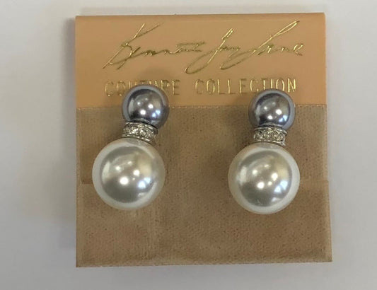Rhodium Crystals Divider Small Grey Pearl Top And Large White Pearl Bottom Clip Earring
