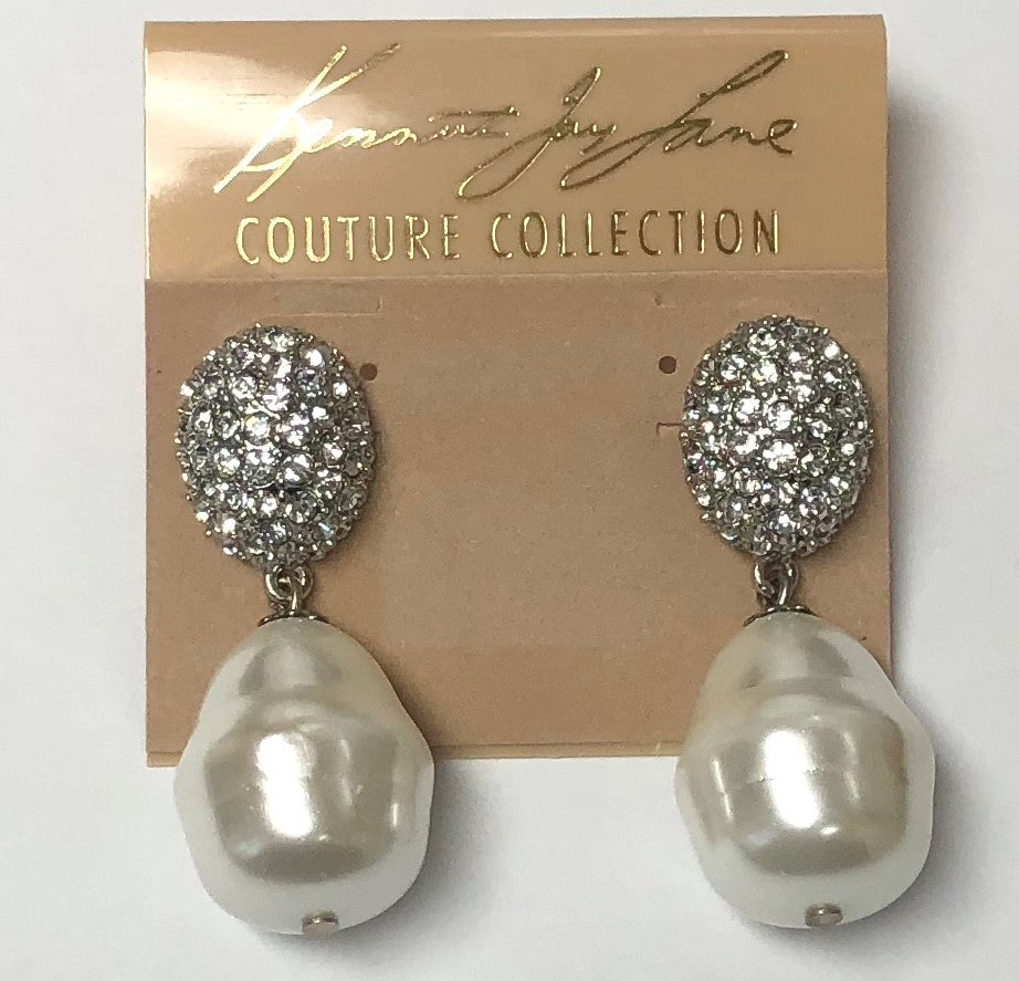Rhodium Pave' Top White Baroque Pearl Drop Pierced Earring