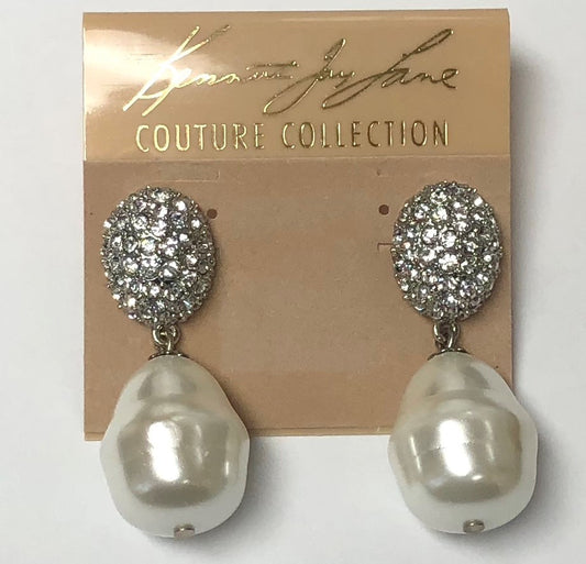 Rhodium Pave' Top White Baroque Pearl Drop Pierced Earring