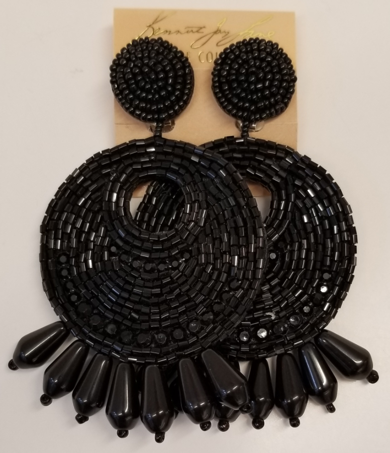 Black Seed Bead Round Gypsy Hoop with Drops Clip Earring