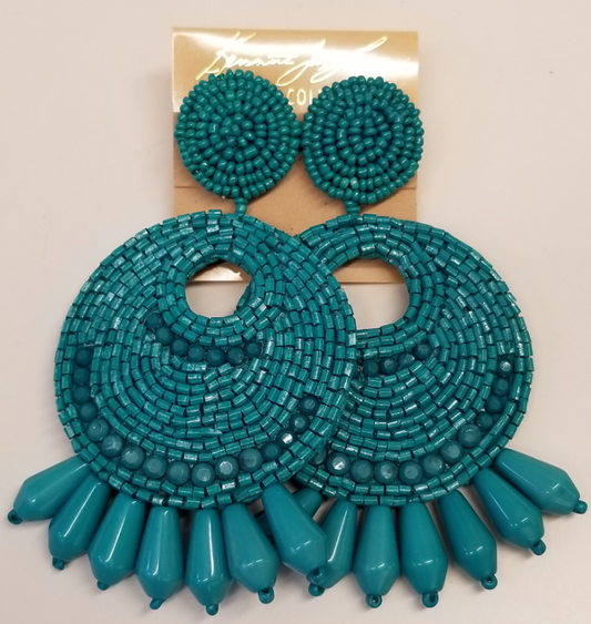 Turquoise Seed Bead Round Gypsy Hoop With Drops Clip Earrings