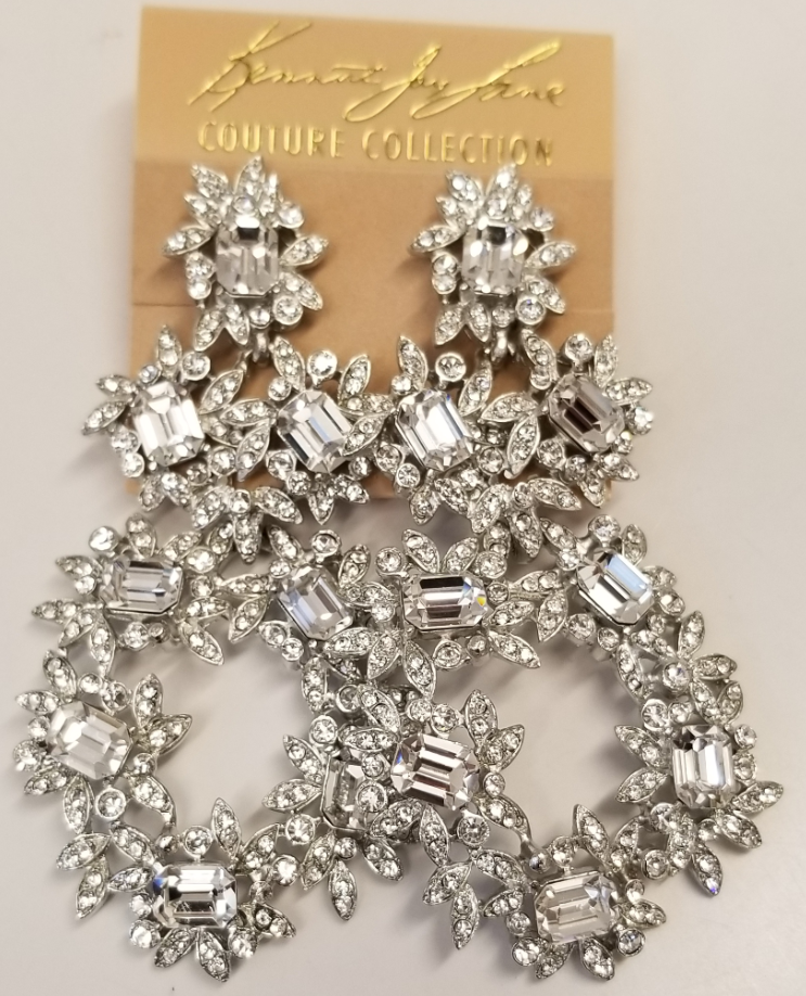 Rhodium Crystal Flower Drop Clip Earring
