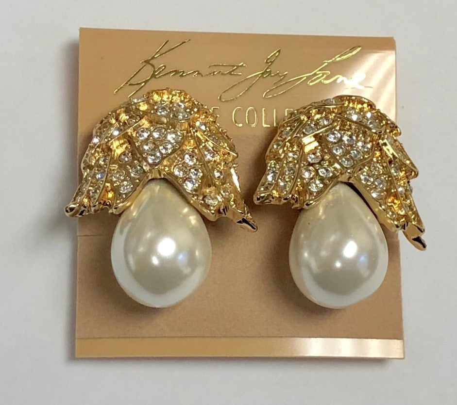 Gold Crystal Top And Pearl Bottom Large Pear Clip Earring