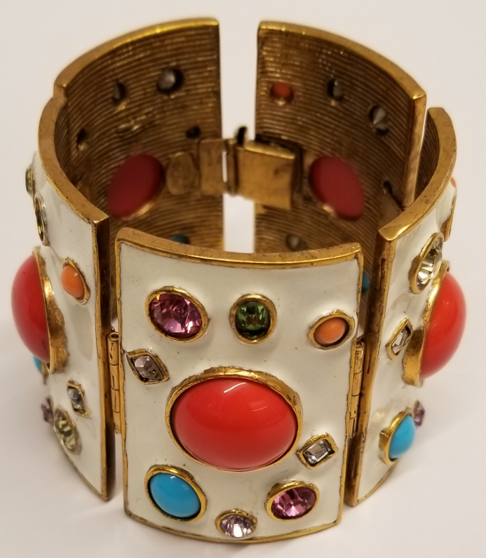 Antique Gold and White Enamel Multi Pastel and Coral Centers Cuff