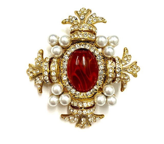 Gold with Crystal Pearl Clusters Cross Pin with Flaw Ruby Center