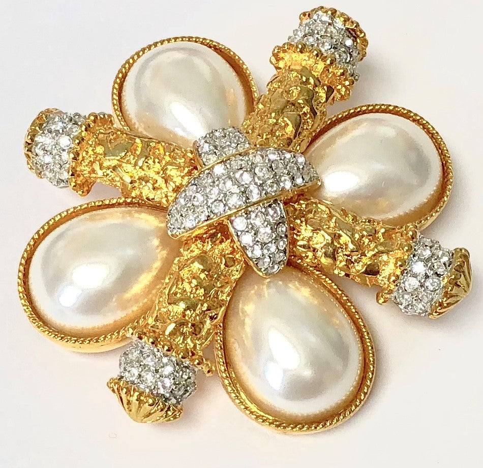 Gold Two Tone Crystals And Pearls Cross Pin