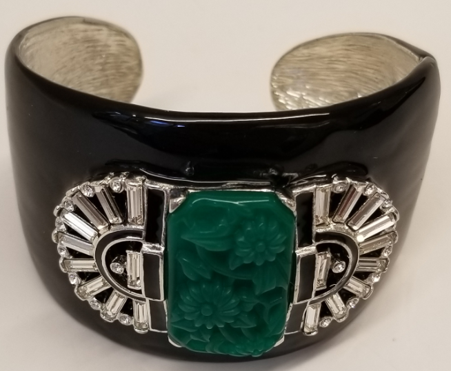 Black Enamel Rhodium-Rhinestone Jade Center Deco Cuff