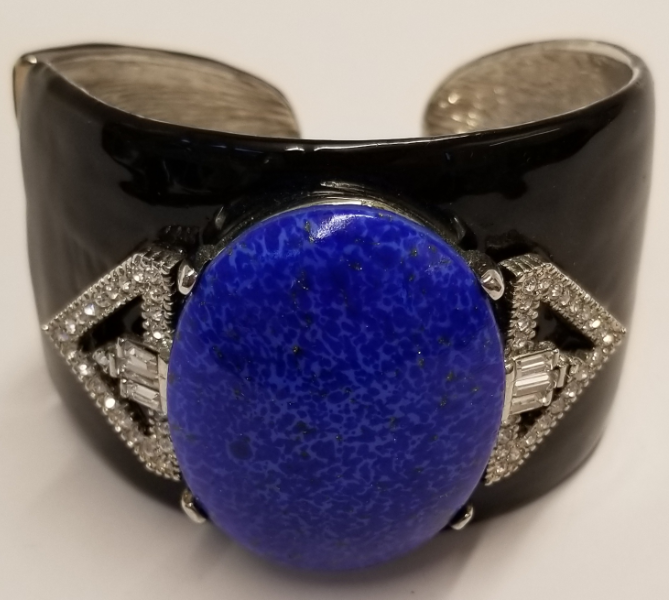 Black Enamel Rhodium-Rhinestone Lapis Center Cuff