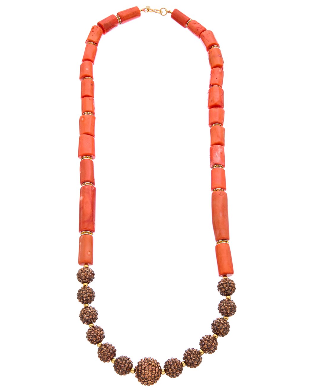 36" Long Coral Barrel Bead Neck with Bronze Sparkle Beads Front
