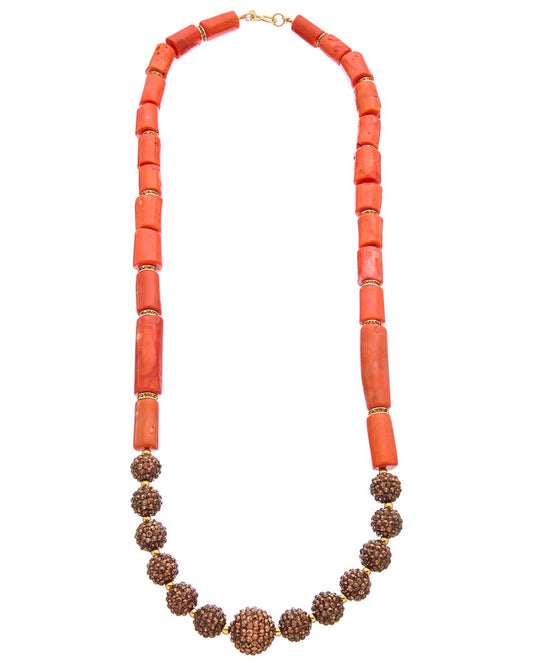 36" Long Coral Barrel Bead Neck with Bronze Sparkle Beads Front