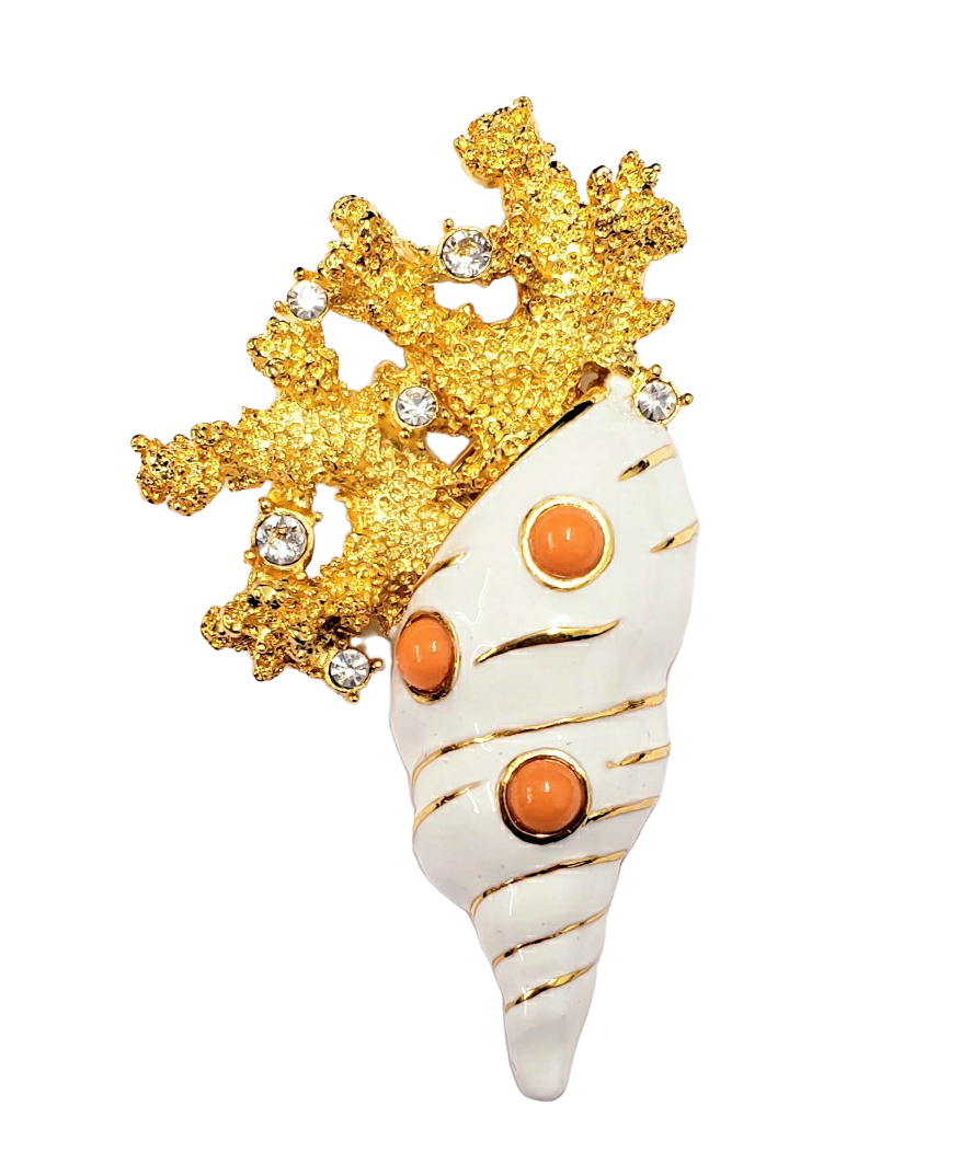 2 3-4" Gold Crystal Branch Top with White & Coral Shell Pin