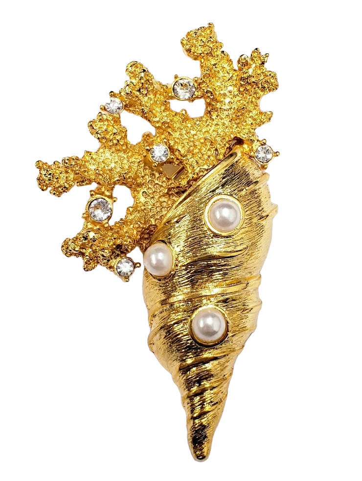 2 3-4" Gold Crystal Branch Top with Pearls Shell Pin