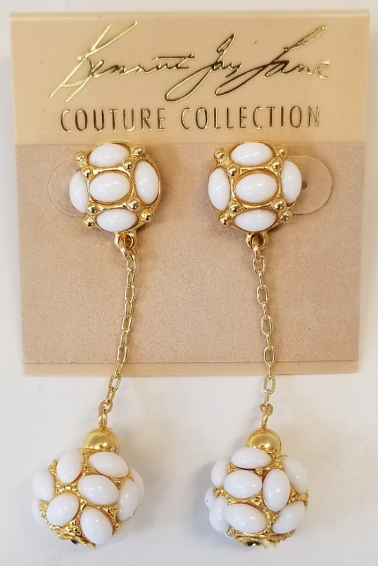 Polished Gold Chain White Cabachon Ball Drop Pierced Earring