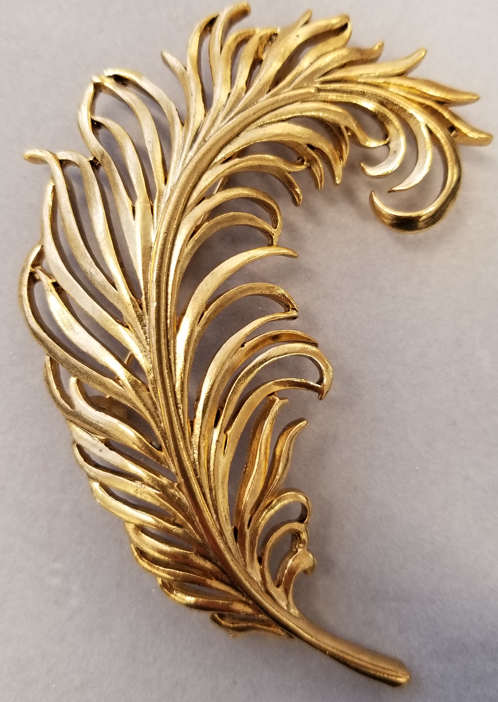 light antique gold bent feather pin
