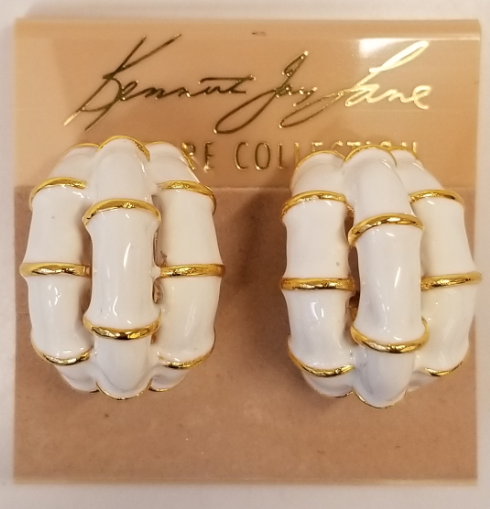 Gold White Enamel Triple Bamboo Earring