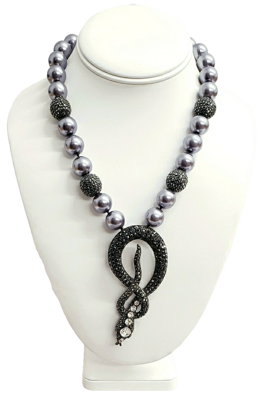 18.5" Gray Pearl Hematite and  Crystal Snake Necklace