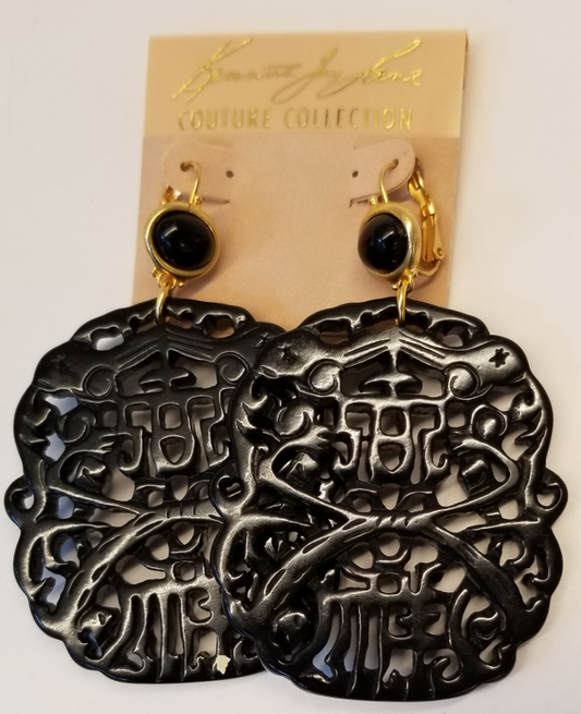 Black Carved and Black Top Gold Wire Earring