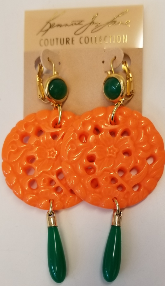 Jade Top-Large Carved Coral-Jade Drop Wire Earring