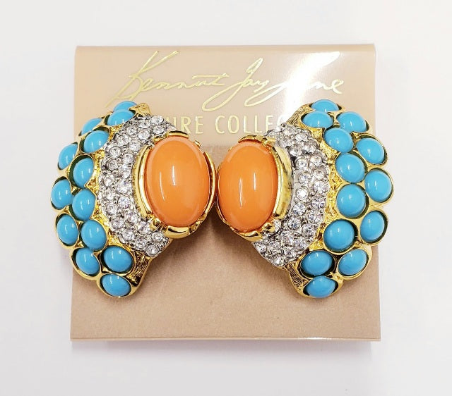 Gold with Turquoise Cabochon Coral Cabochon Center Clip Earring