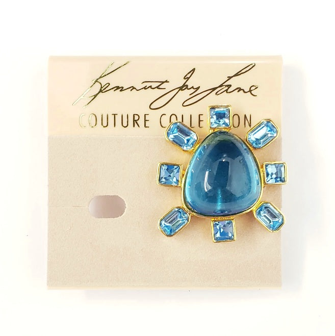 Gold Aqua Sides Aqua Cabochon Center Clip Earring