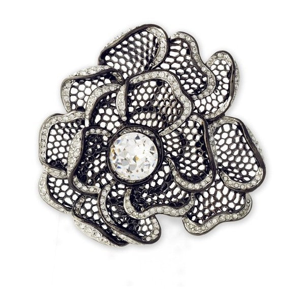 Gunmetal Silver Crystal Flower Pin