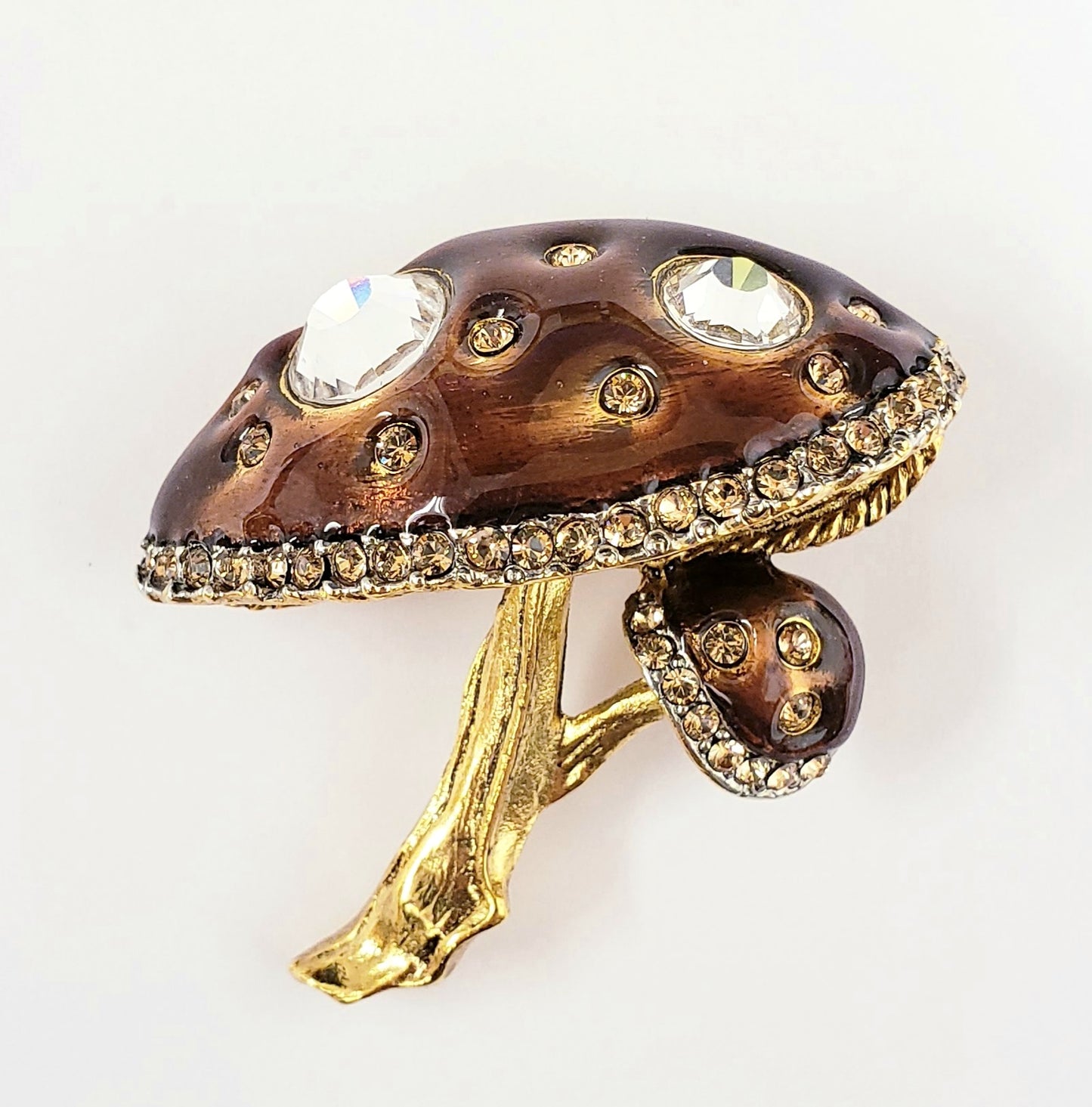 2" Gold with Brown Enamel & Crystal Mushroom Pin