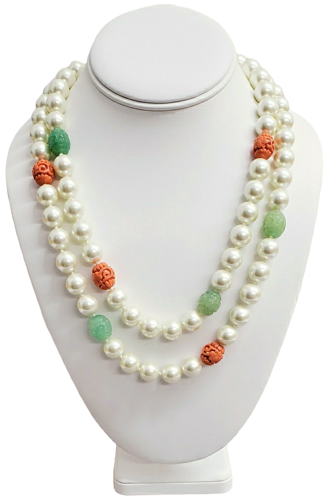 42" Pearl and Jade & Coral Necklace