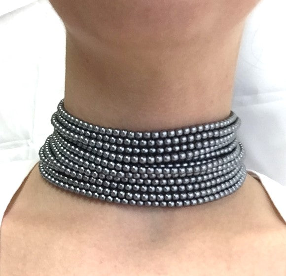 Twelve Row Dark Grey Pearl Choker