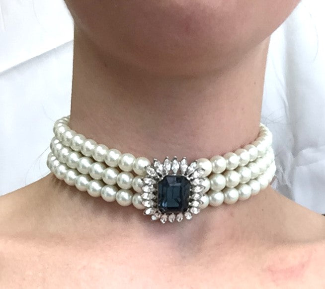 3 Row Pearl Necklace with Sapphire and Crystal Center