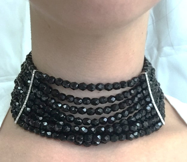 8 Row 6mm Jet Rhodium Rhine Curved Bars Pearl Choker