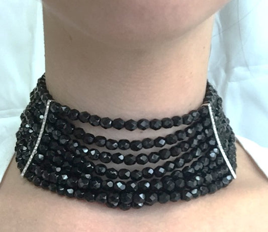 8 Row 6mm Jet Rhodium Rhine Curved Bars Pearl Choker