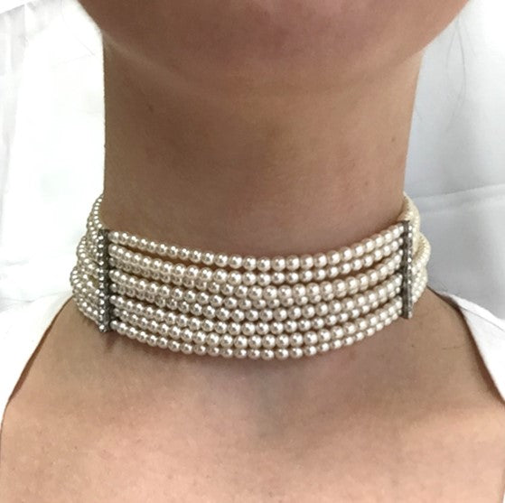 8 Row White Pearl Choker with Silver and Crystal Bars