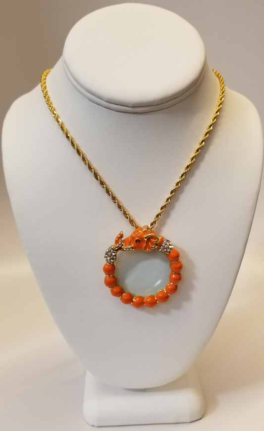 Coral Elephant Magnify Glass 33" Necklace
