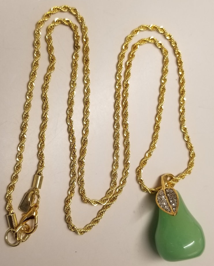 34" Jade Pear Pendant with Crystal Pave' Leaf
