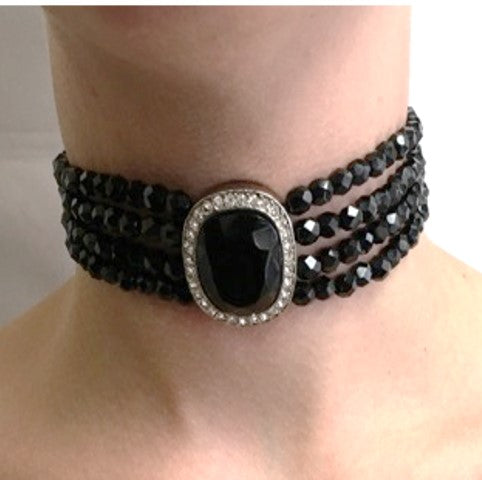 4 Row Jet Choker with Jet Center in Rhodium Rhine Setting