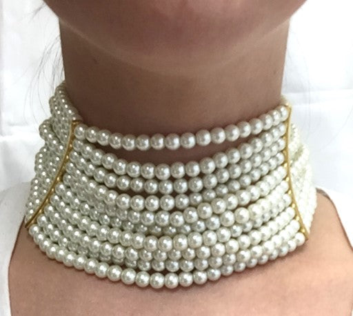Ten Row Pearl Gold Curved Bars Choker Necklace