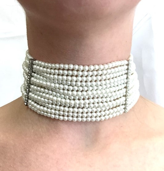 Twelve Row White Seed Pearl with Crystal Bars Necklace
