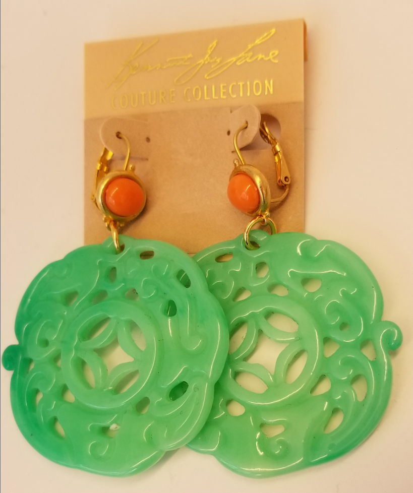 Coral Top Carved Jade Circle Wire Earring