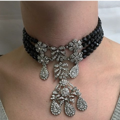 Light Antique Silver and Crystal Front 4 Row Jet Choker Neck