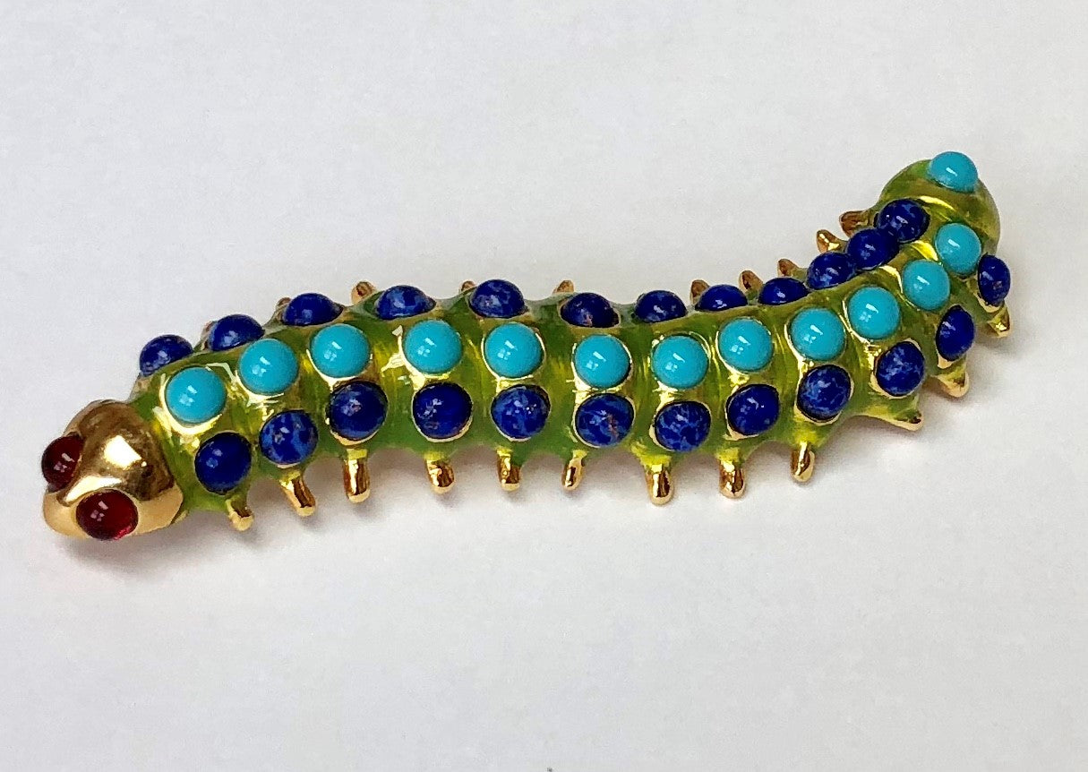 Green Enamel with Lapis and Turquoise Caterpillar Pin