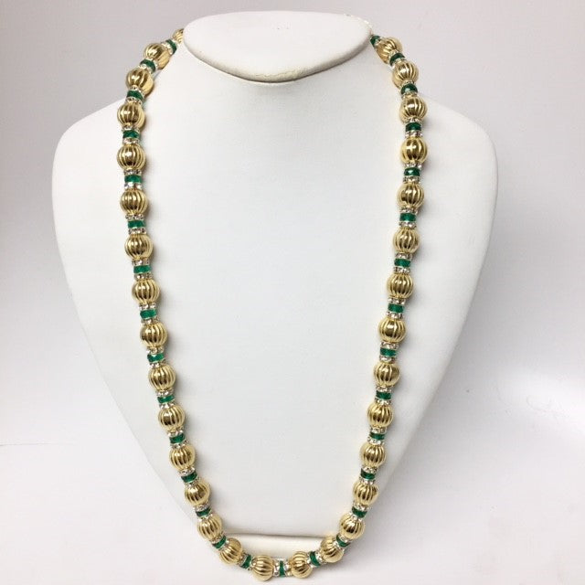 56" Gold Bead Crystal-Emerald Rondelles Necklace