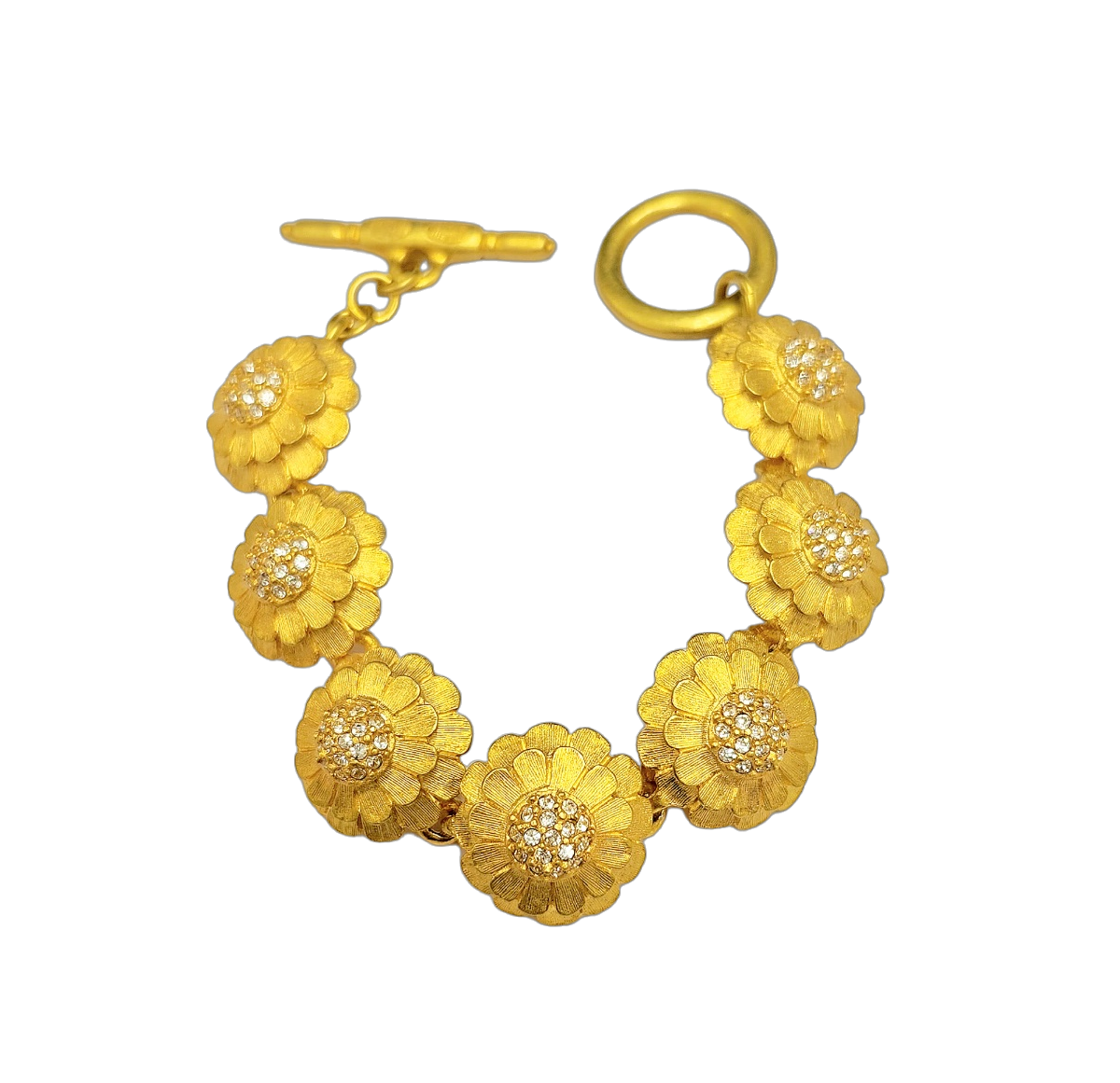 7" gold flowers toggle bracelet w- crystal centers