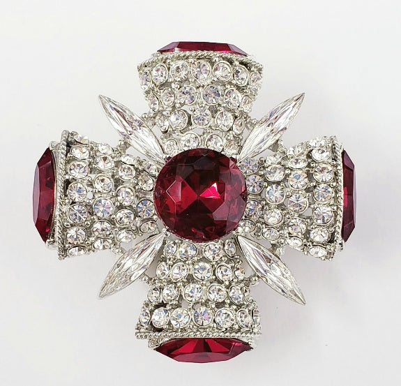 2" Rhodium Rhine with Faceted Ruby Center Faceted Ruby Side Cross Pin