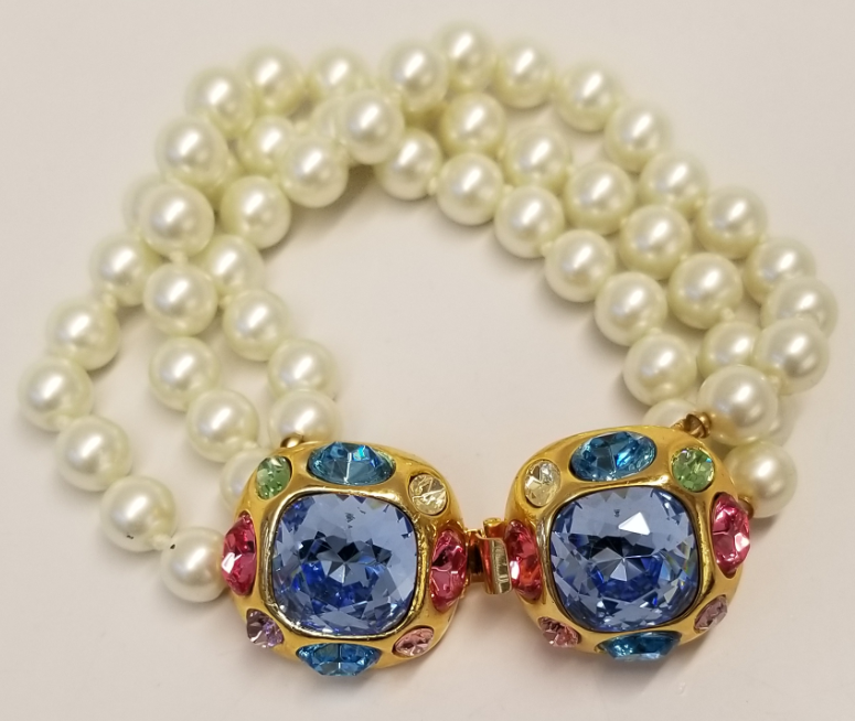 3 Row Pearl Bracelet With Multi Pastel Clasp