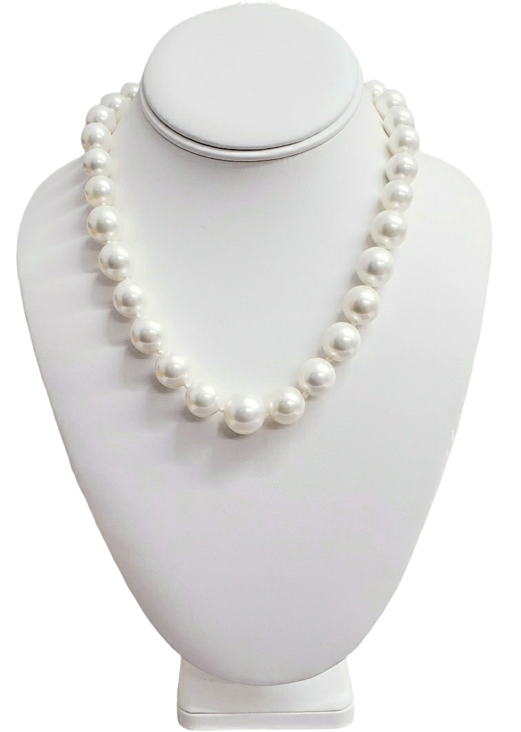 18" Graduated White Shell Base Pearl Necklace and Silver and Crystals Pave Clasp