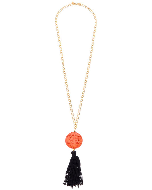 30" Gold Chain with Carved Coral and Black Tassel Pendant Necklace