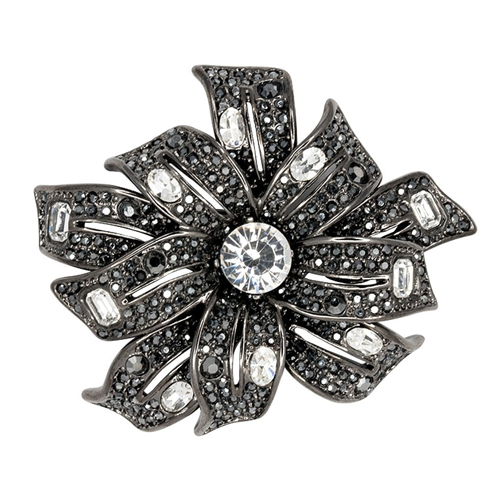 Silver Black Lines and Crystal Ribbon Pin