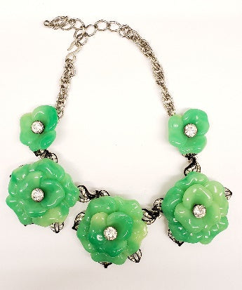 5 jade flower necklace w- rhodium chain & r-r black lines leaves