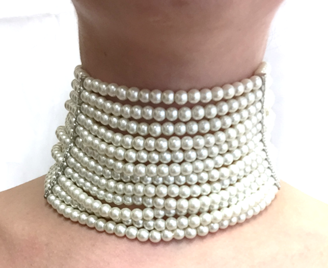 Twelve Row Pearl With Rhinestone Curved Bars Choker Necklace